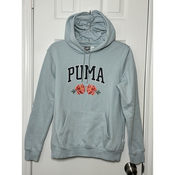 PUMA Faux Embroidered Floral Hoodie Fleece Pullover Blue Women's Size‎ Large - Picture 2 of 11